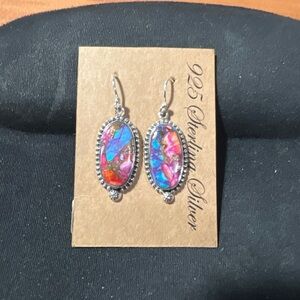 Sterling Silver .925 Spiny Oyster Pink Turquoise Dangle Earrings